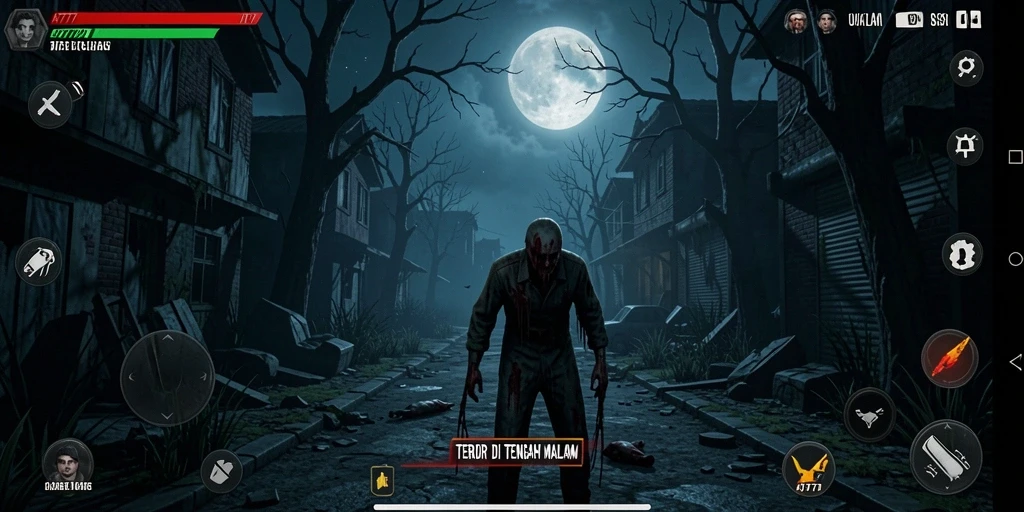 Screenshot utama A7777 menampilkan suasana mencekam dengan hantu di latar belakang.