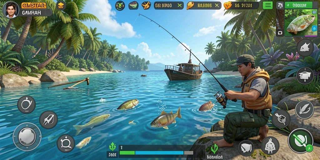 Screenshot gameplay GMSTAR menampilkan keseruan memancing dengan grafis indah.