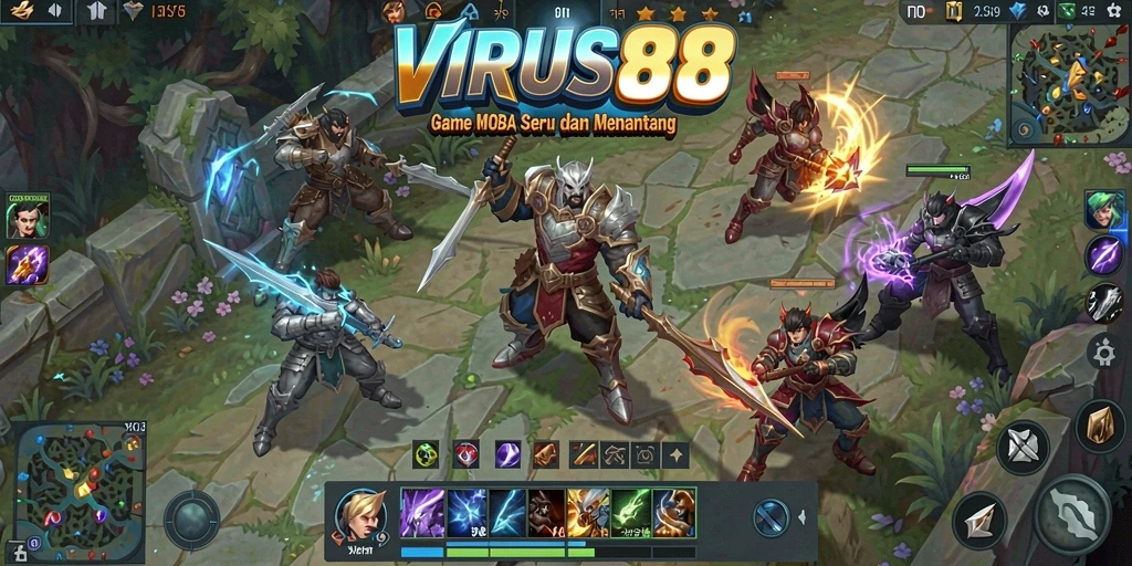 Screenshot gameplay VIRUS88 menunjukkan pertarungan seru dalam arena MOBA.